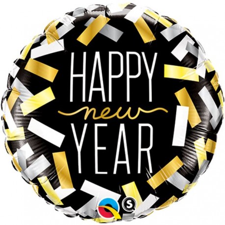 Nytårsballon med Happy New Year og konfetti Strips