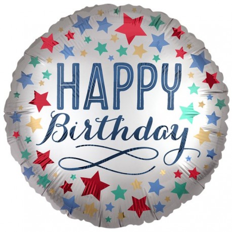 Sølv rund Folie Ballon med Happy Birthday og farvede Stjerner