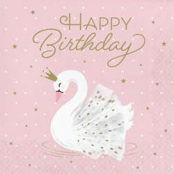 Lyserøde servietter med svane og "Happy Birthday"
